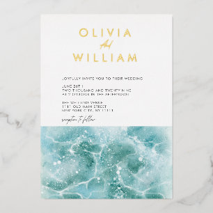Relieve Metalizado Invitación de boda con olas turquesas y azul teñid
