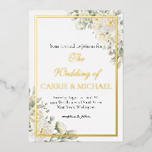 Invitación de boda con rosas blancas con lámina