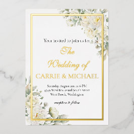 Relieve Metalizado Invitación de boda con rosas blancas con lámina