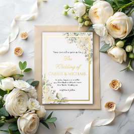 Relieve Metalizado Invitación de boda con rosas blancas con lámina