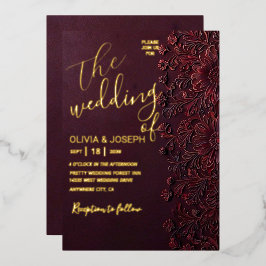 Relieve Metalizado Invitación de boda con superposición floral granat