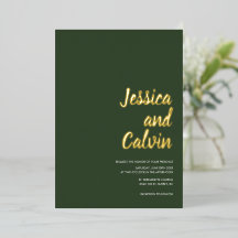 Invitación de boda con texto dorado verde oscuro m