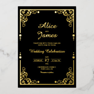 Relieve Metalizado Invitación de boda de lujo clásica con foil de oro