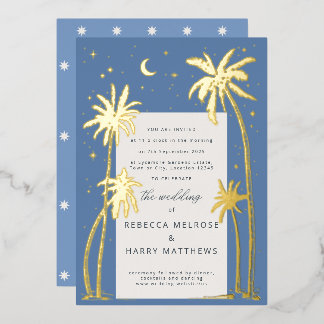 Relieve Metalizado Invitación de boda de palma celestial azul con pap