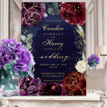 Invitación de boda de seda azul burdeos II con hoj