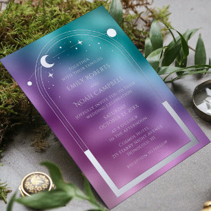 Relieve Metalizado Invitación de boda de tono joya celestial con hoja