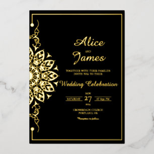 Relieve Metalizado Invitación de boda elegante con lámina de oro negr