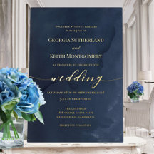 Invitación de boda elegante con lámina de oro y az