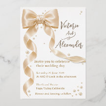 Invitación de boda elegante con lazo de satén foil