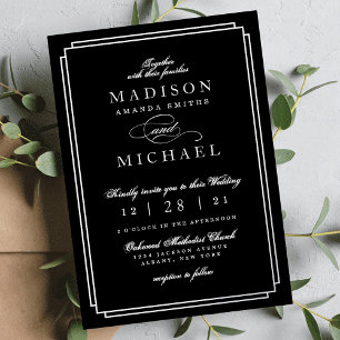Relieve Metalizado Invitación de boda en negro, blanco y plata con lá