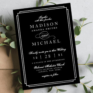 Relieve Metalizado Invitación de boda en negro, blanco y plata con lá