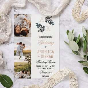 Relieve Metalizado Invitación de boda en oro rosa con flores blancas 