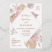 Invitación de boda floral boho rosa con lámina