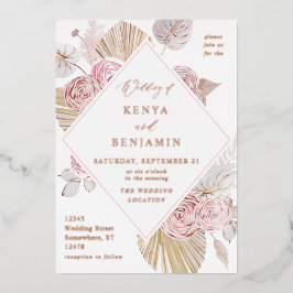 Relieve Metalizado Invitación de boda floral boho rosa con lámina