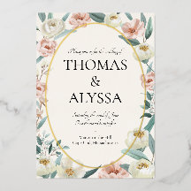 Invitación de boda floral con detalle de lámina