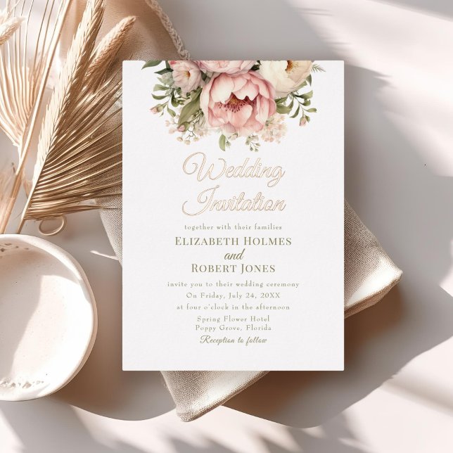 Relieve Metalizado Invitación de boda floral con lámina de oro rosa (Rose Gold Peach and Blush Floral Wedding Foil Invitation on a neutral boho wedding table.)