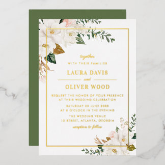Relieve Metalizado Invitación de boda floral de magnolia blanca con h