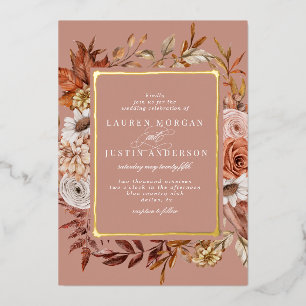 Relieve Metalizado invitación de boda floral de otoño rústica con lám