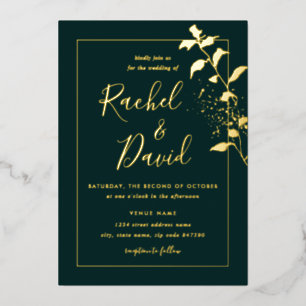 Relieve Metalizado Invitación de boda floral dorada esmeralda con lám