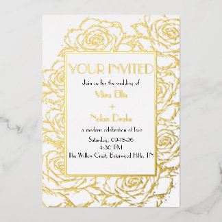 Relieve Metalizado Invitación de boda floral moderna con lámina de or