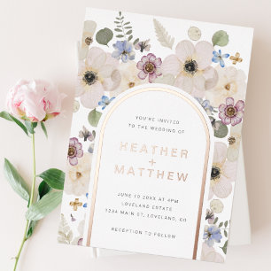 Relieve Metalizado Invitación de boda floral moderna con lámina metál