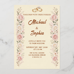 Relieve Metalizado Invitación de Boda Floral Rosado con Anillos de Or