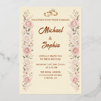 Relieve Metalizado Invitación de Boda Floral Rosado con Anillos de Or