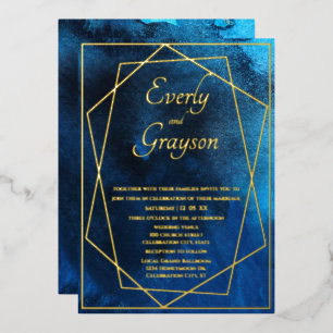 Relieve Metalizado Invitación de boda geométrica azul y dorada con lá