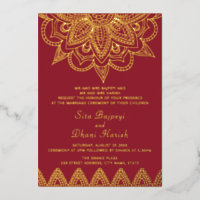 Invitación de boda india con papel de oro real y r