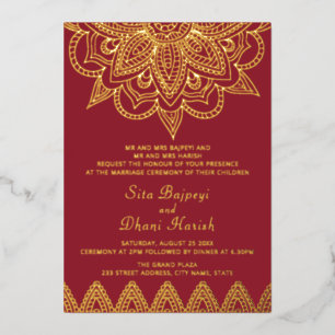 Relieve Metalizado Invitación de boda india con papel de oro real y r