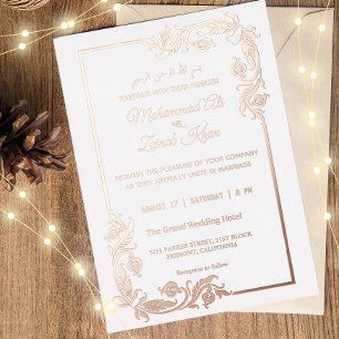 Relieve Metalizado Invitación de boda islámica con borde floral en ro