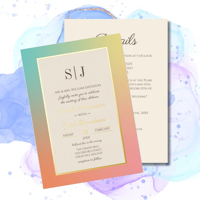 Relieve Metalizado Invitación de boda moderna con gradiente de arcoír (Subido por el creador)