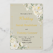 Invitación de boda moderna con rosas blancas y lám