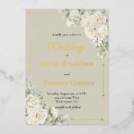 Relieve Metalizado Invitación de boda moderna con rosas blancas y lám