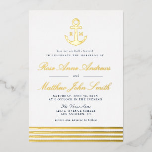Relieve Metalizado invitación de boda náutica con ancla dorada