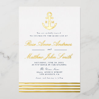 Relieve Metalizado invitación de boda náutica con ancla dorada