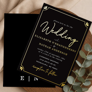 Relieve Metalizado Invitación de boda negra con letra elegante