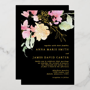 Relieve Metalizado Invitación de boda negra elegante con estampado fl