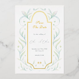 Relieve Metalizado Invitación de boda para guardar la fecha con hojas
