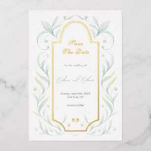 Relieve Metalizado Invitación de boda para guardar la fecha con hojas