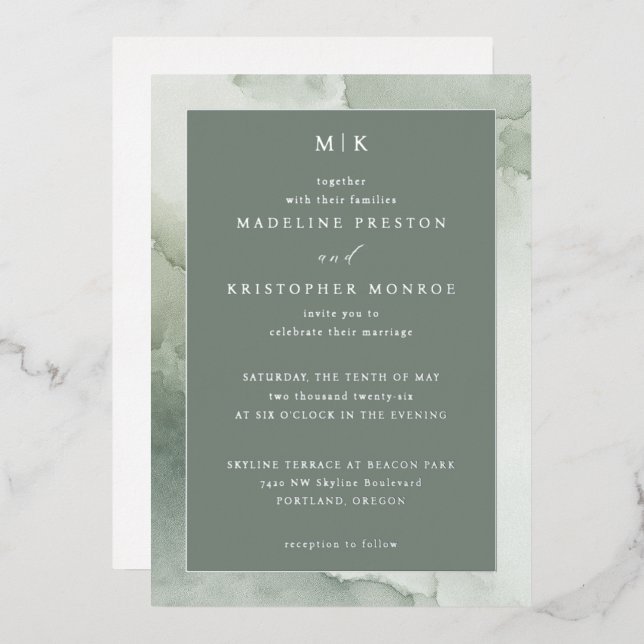 Relieve Metalizado Invitación de Boda Sofisticada con Mármol Verde (Anverso/Reverso)