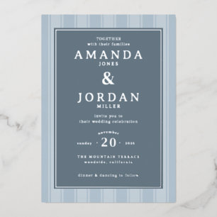Relieve Metalizado Invitación de Boda Sofisticada con Rayas Azules