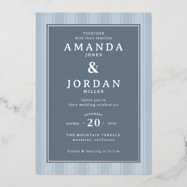 Relieve Metalizado Invitación de Boda Sofisticada con Rayas Azules (Anverso)