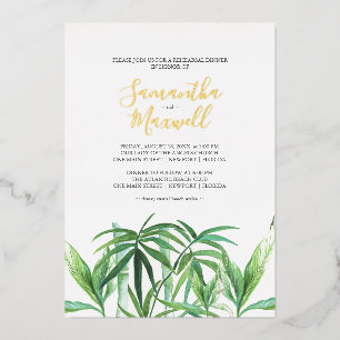 Relieve Metalizado Invitación de Bodas con Hojas Tropicales en Acuare