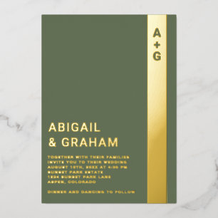 Relieve Metalizado Invitación de bodas con monograma verde y foil