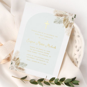 Relieve Metalizado invitación de comunión de pampas boho con foil