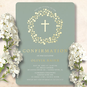 Relieve Metalizado Invitación de Confirmación con Hojas de Salvia y H