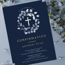 Relieve Metalizado Invitación de Confirmación de Niños con Hojas Azul