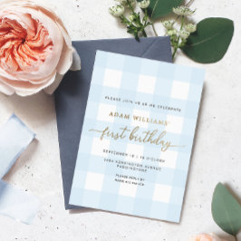 Relieve Metalizado Invitación de cumpleaños con gingham azul y foil d