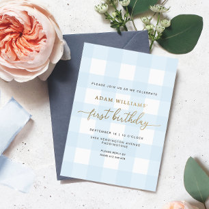 Relieve Metalizado Invitación de cumpleaños con gingham azul y foil d